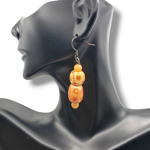 African Sese Wood Bead Dangle Drop Hook Earrings Boho Lightweight - Picture 5 of 6